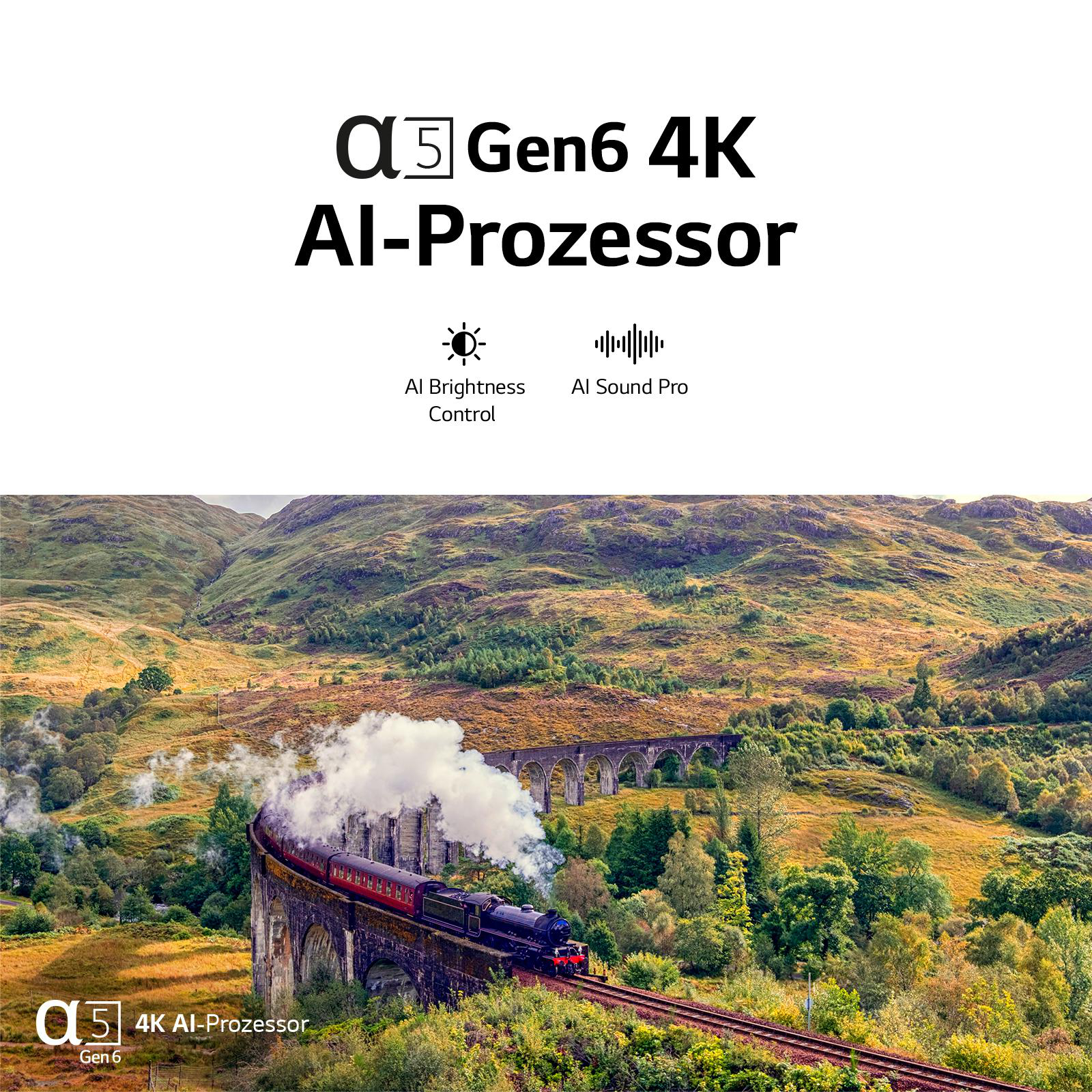Landschaftliche Ansicht einer Brücke mit einem Zug, mit dem Al-Prozessor Gen6 4K-Logo.