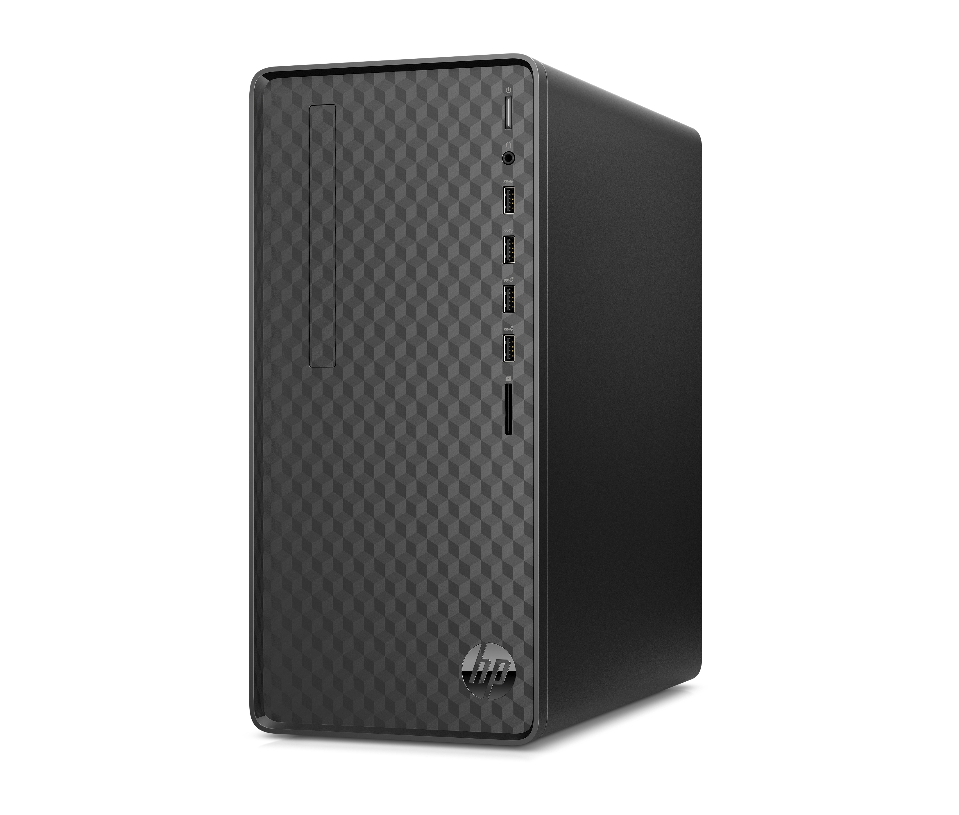 Ordenador de sobremesa negro con un panel frontal estampado. El logotipo de HP es visible. Fondo blanco.