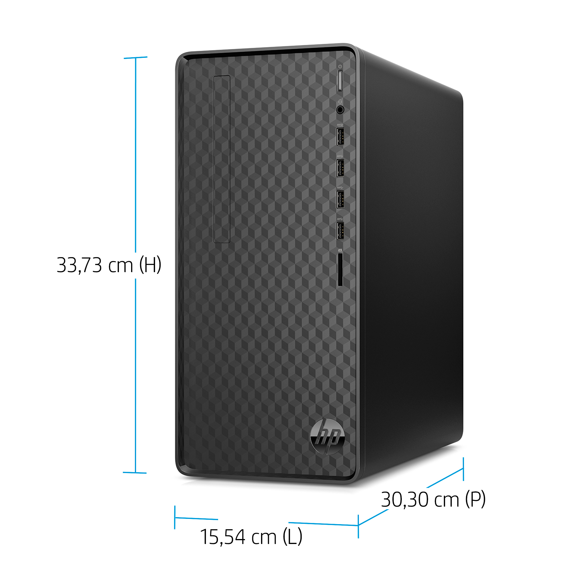 Carcasa de PC negra con diseño geométrico. Dimensiones: 33.73cm (A), 30.30cm (P), 15.54cm (L).