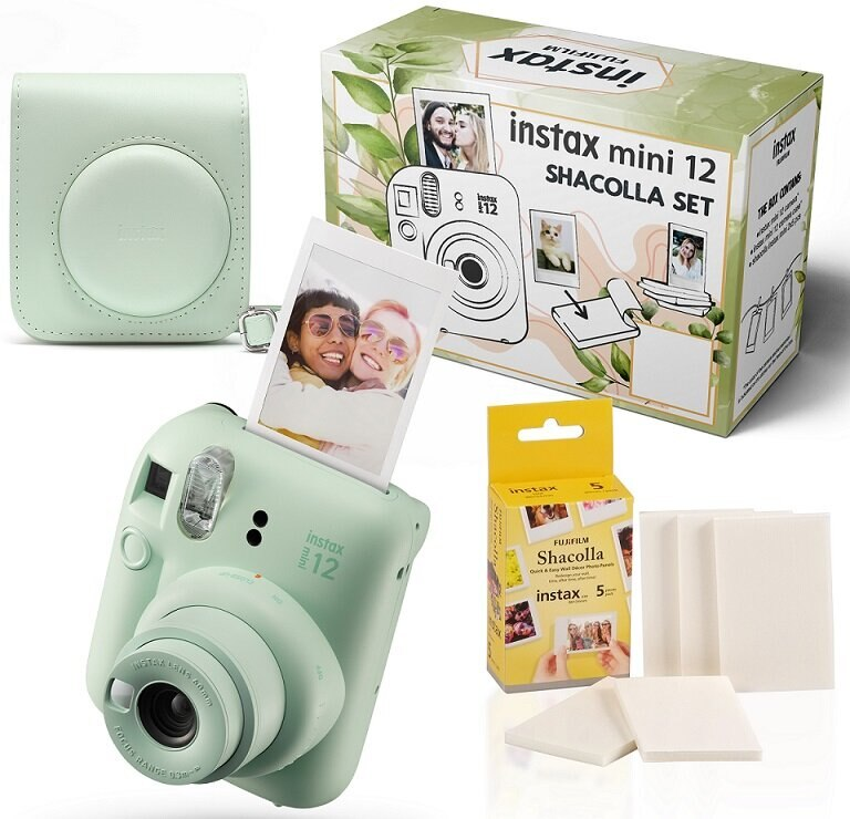 Zestaw aparatu Instax Mini 12 z miętowym aparatem, etui, folią i pudełkiem na zdjęcia. Zdjęcia są wyświetlane.