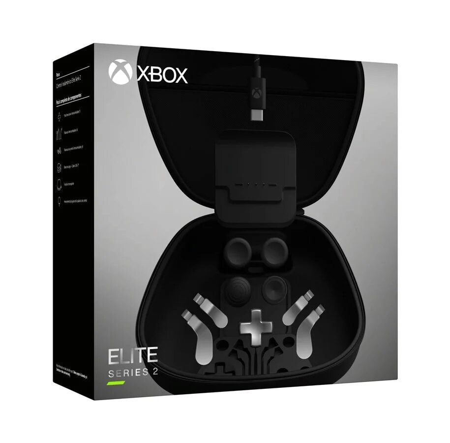 Pudełko kontrolera XBOX Elite Series 2. Pudełko jest czarne, a etui kontrolera otwarte.