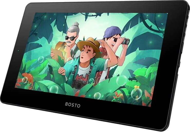 Tablet z kreskówkową sceną na ekranie. Trzy osoby są w scenie, tło dżungli.