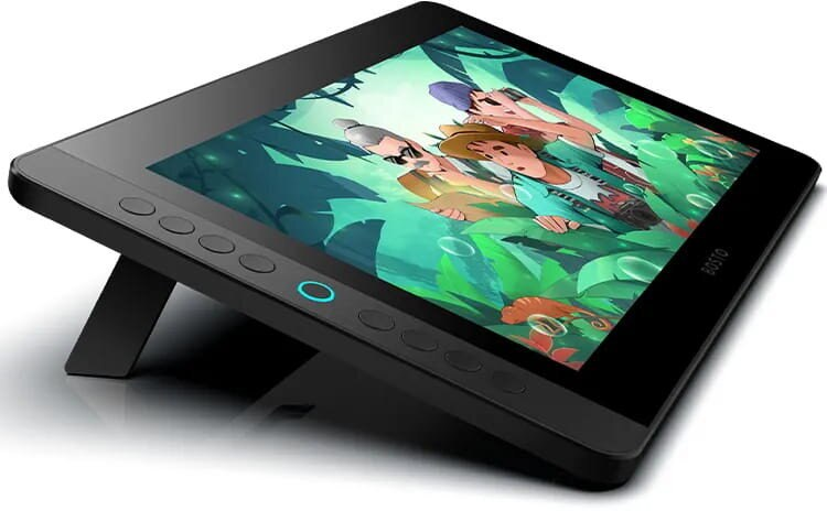 Czarny tablet do rysowania z ekranem wyświetlającym grafikę z kreskówek, podparty przez stojak.