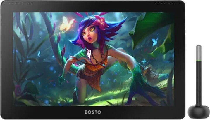 Tablet do grafiki cyfrowej z postacią, rysik po prawej stronie.