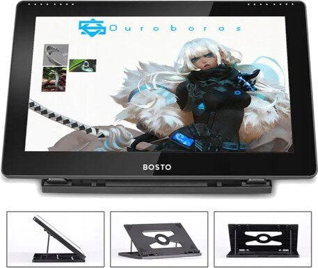 Czarny tablet do rysowania BOSTO z ekranem wyświetlającym ilustrację grafiki cyfrowej.