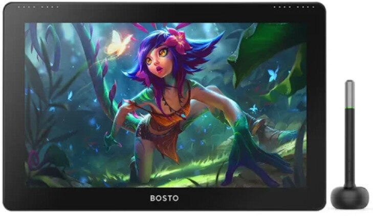 Tablet do sztuki cyfrowej z kolorową ilustracją na ekranie, rysik po prawej stronie. Marka BOSTO.