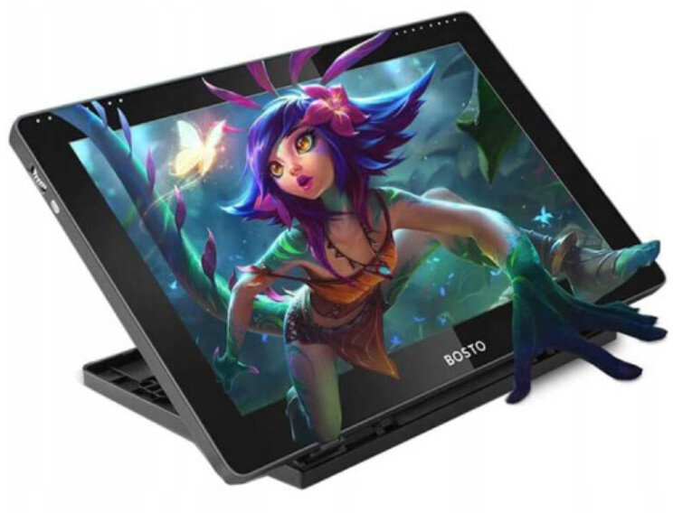 Cyfrowa tabletka do rysowania z postacią z kreskówki. Tablet stoi na stojaku.