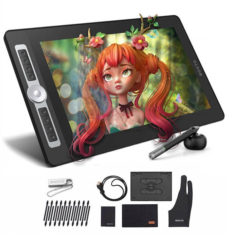 Tablet graficzny z rysunkiem dziewczyny z rudymi włosami, akcesoriami i piórem.