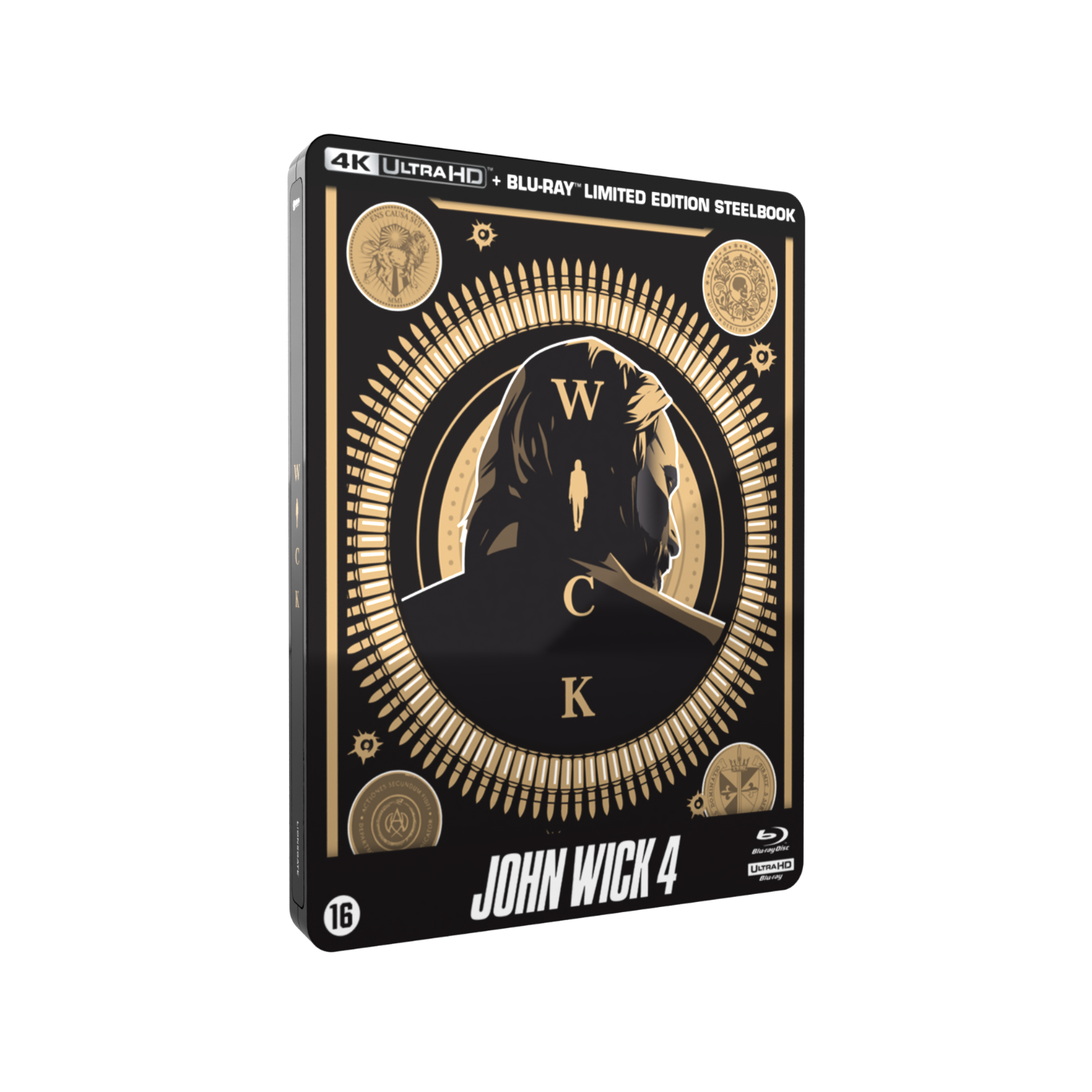 John Wick 4 Blu-ray steelbook. Zwarte cover met gouden accenten. Toont een silhouet van een man.