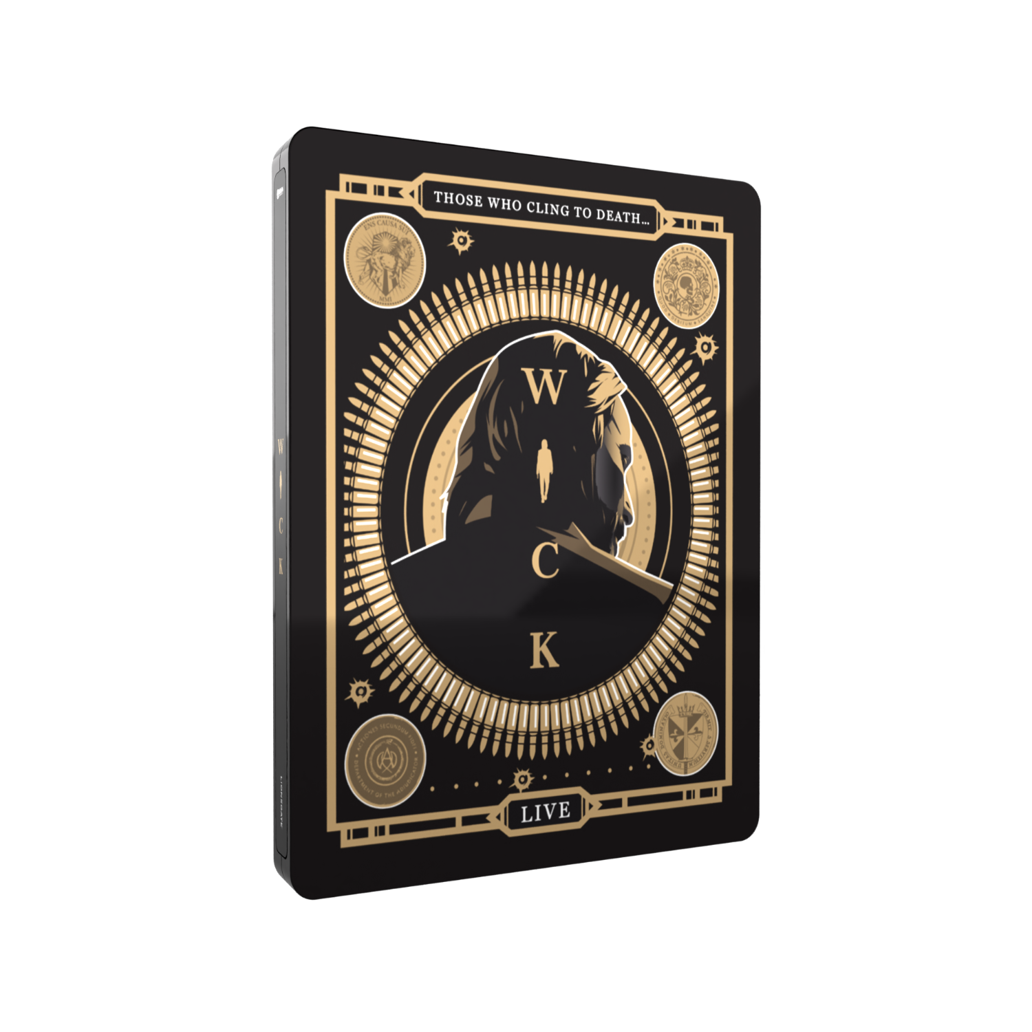Een zwarte steelbook case met een goudkleurig ontwerp, met een man en kogels.