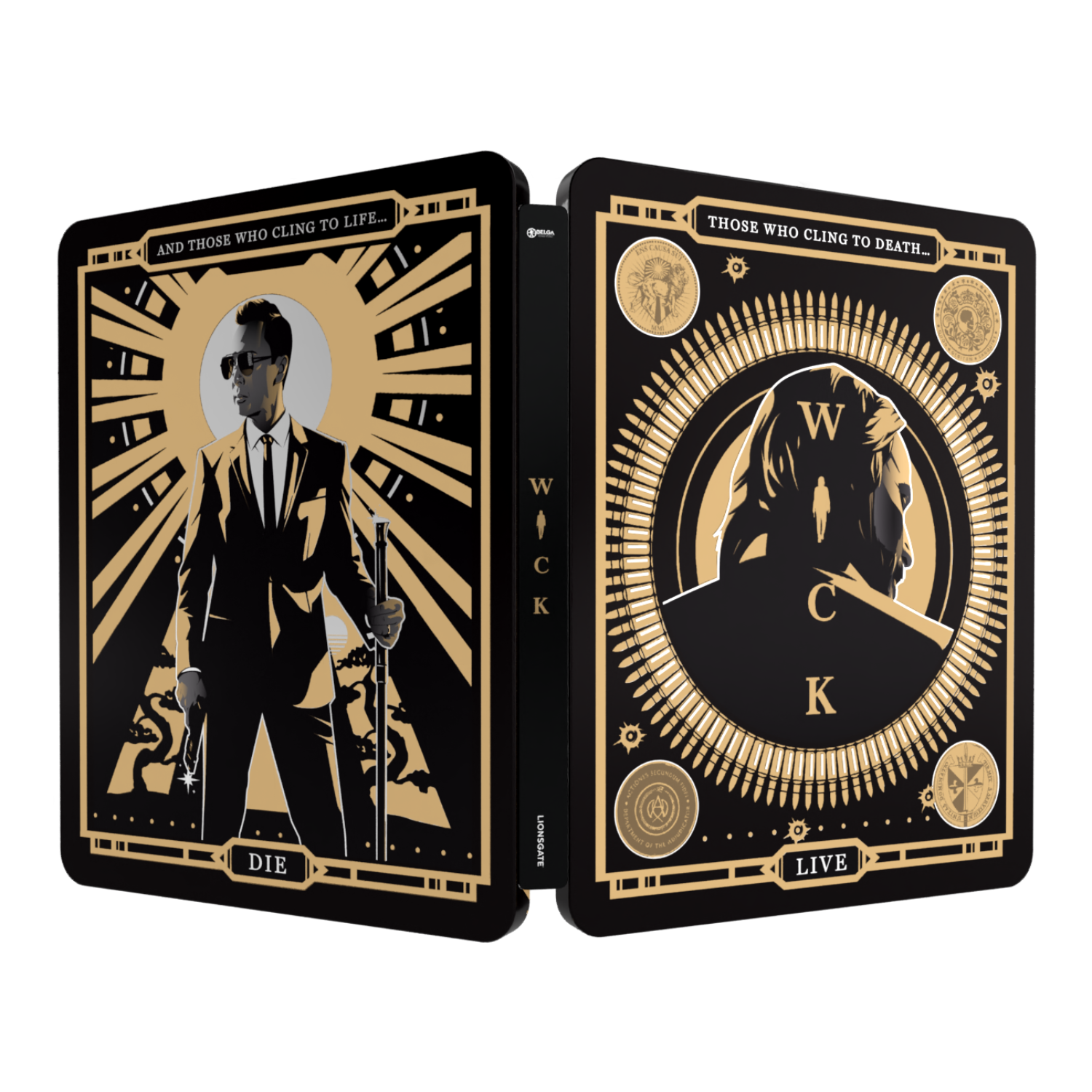 John Wick filmhoes. Eén kant toont John Wick, de andere een silhouetfiguur, gouden accenten.