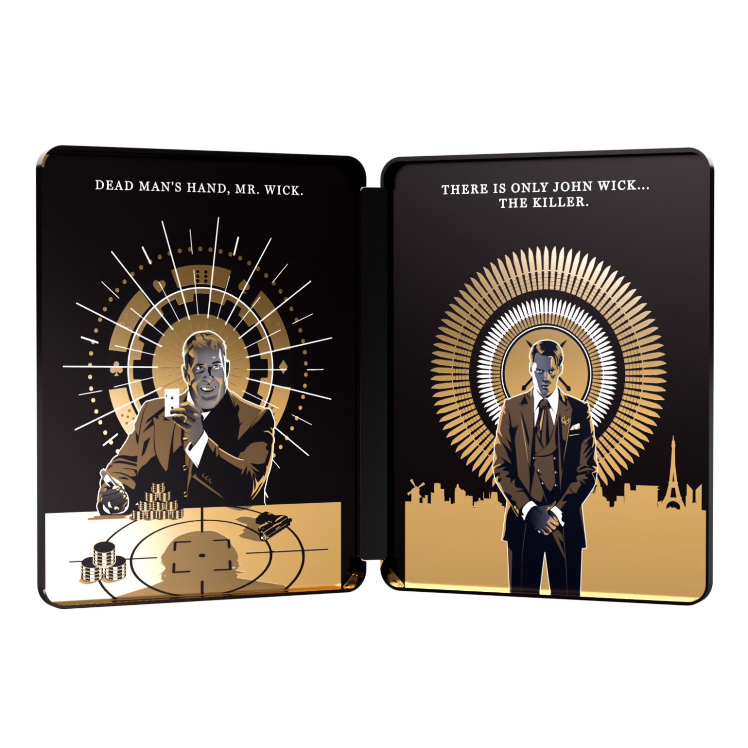 John Wick steelbook cover art met gouden details op zwarte achtergrond.