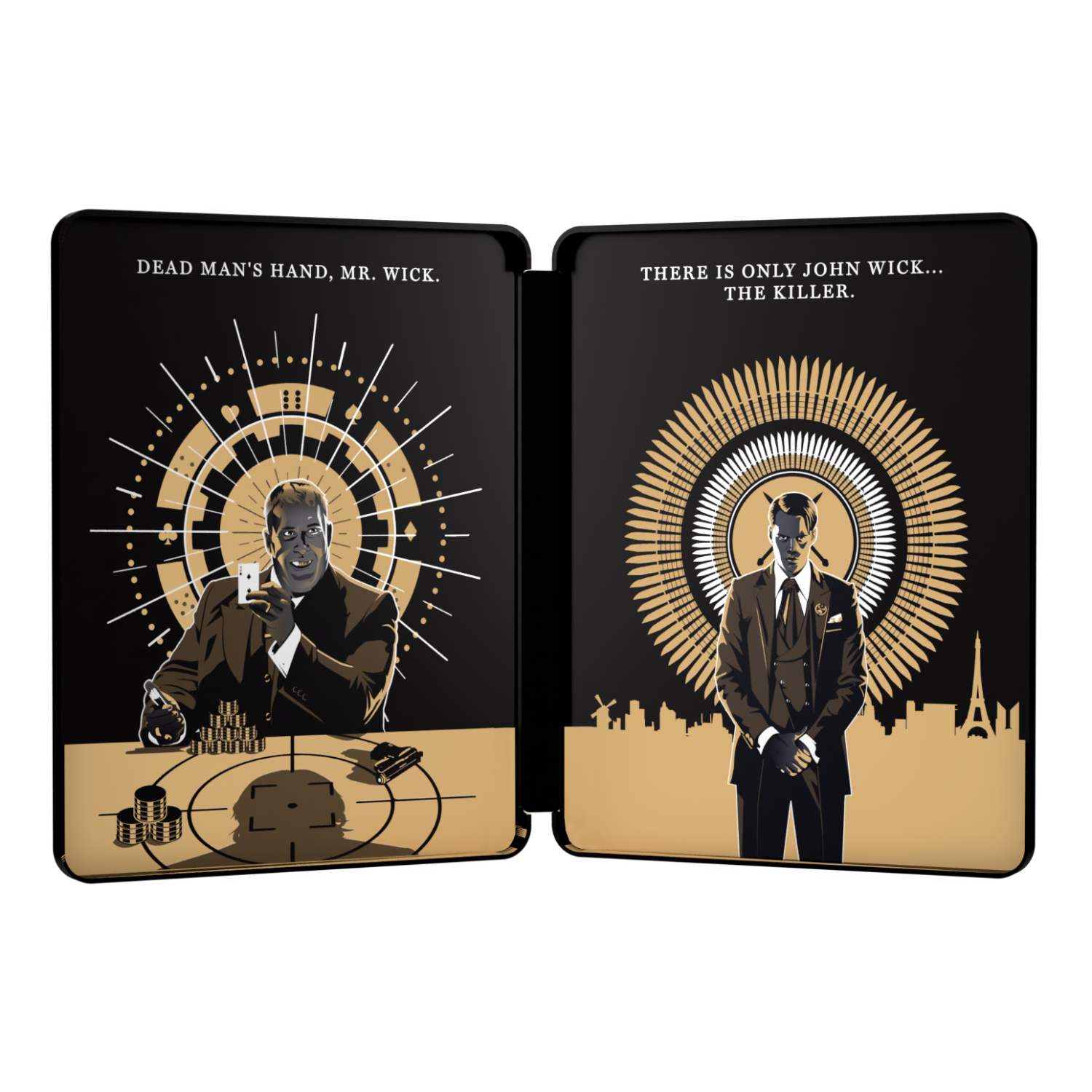 Twee zwarte cases met gouden accenten. Elke case toont een illustratie van een man en tekst.