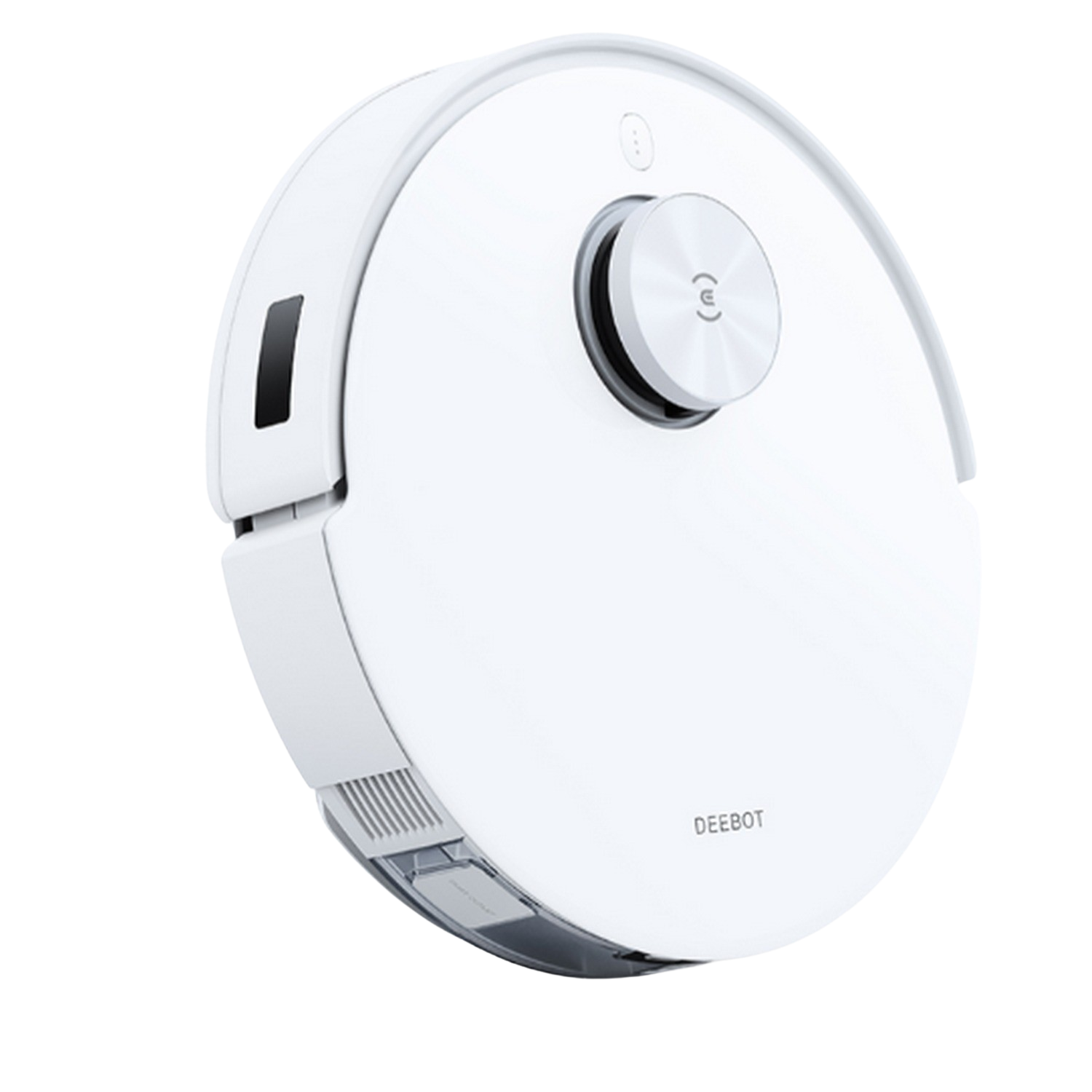 Aspirateur robot blanc avec un bouton de commande central et le mot 'DEEBOT'.