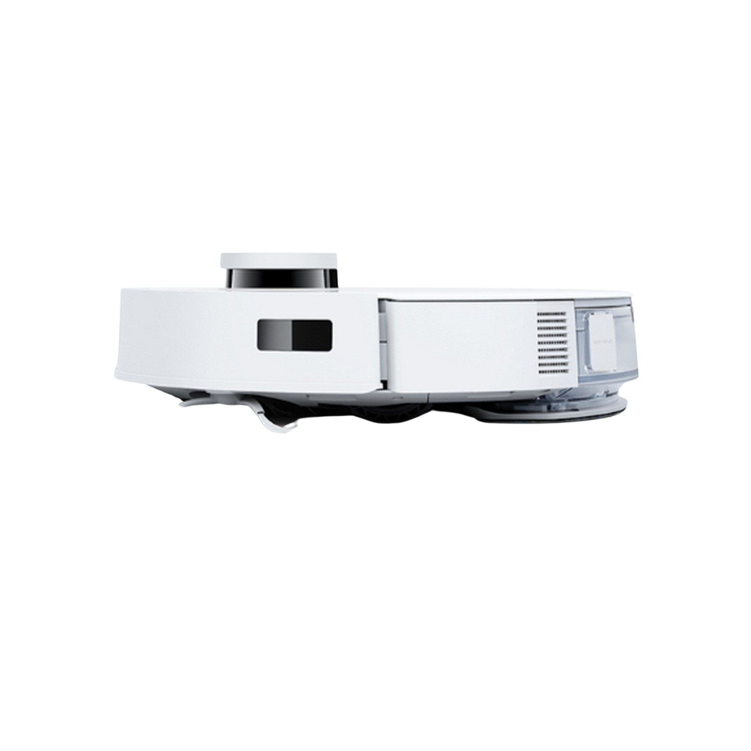 Aspirateur robot blanc. Fond noir uni.