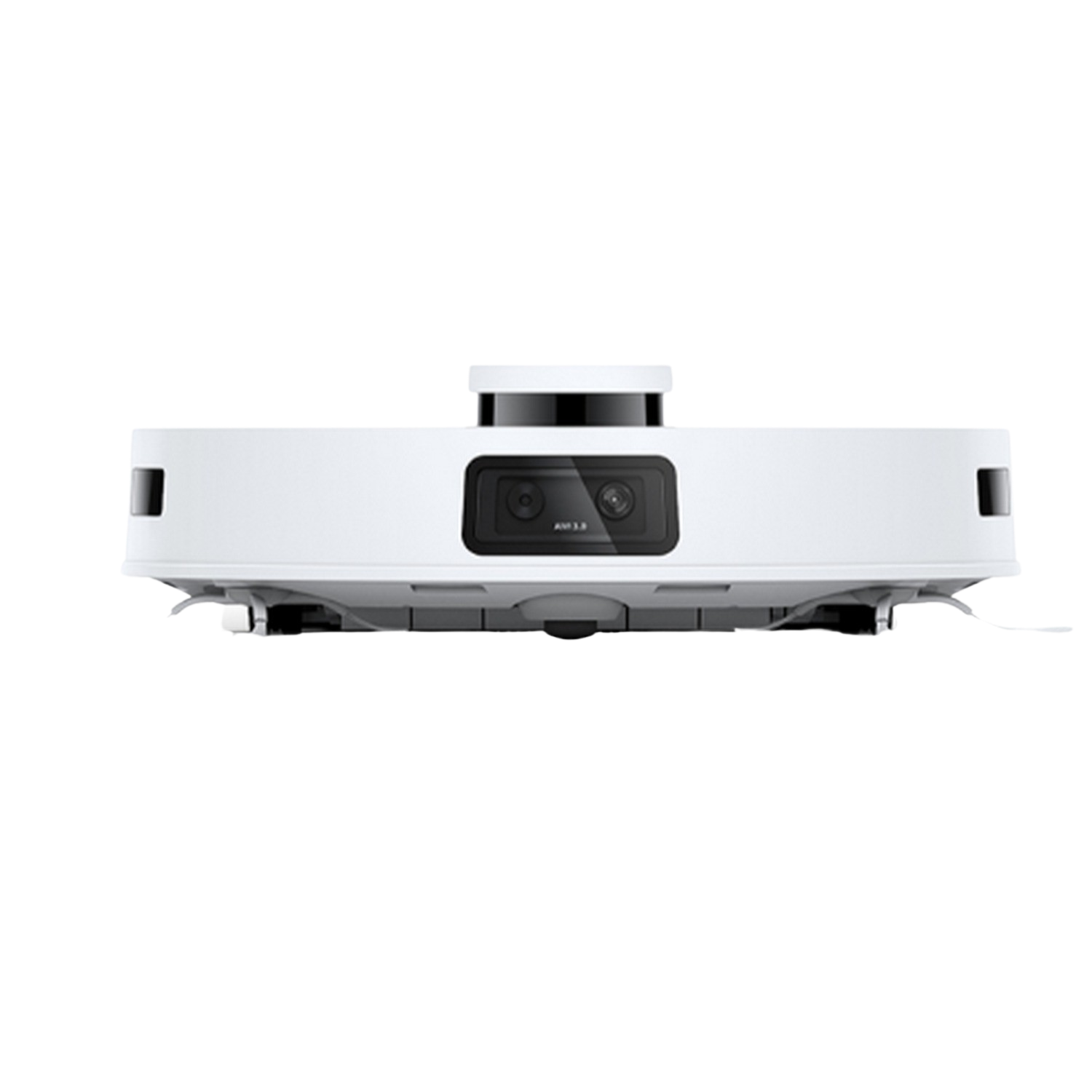 Un aspirateur robot blanc avec des caméras et une bande noire.