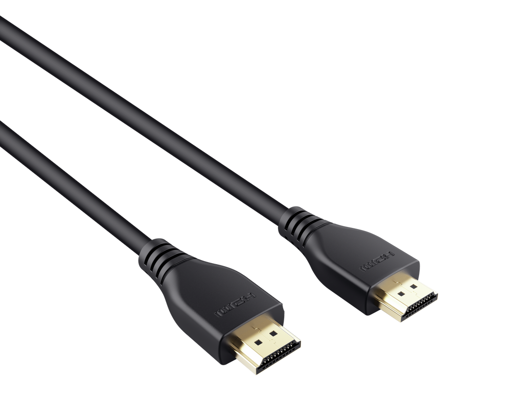 Két fekete HDMI-kábel arany csatlakozókkal, egymás felé fordulva fekete háttéren.