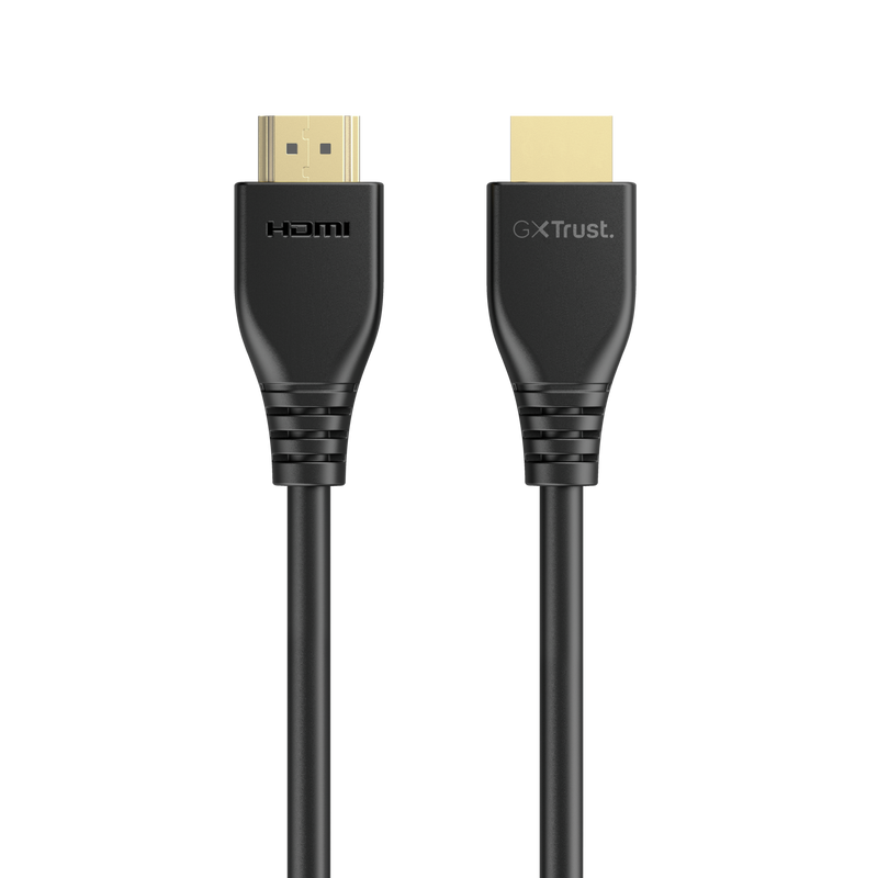 Két fekete HDMI kábel arany színű csatlakozókkal, fekete háttérrel.