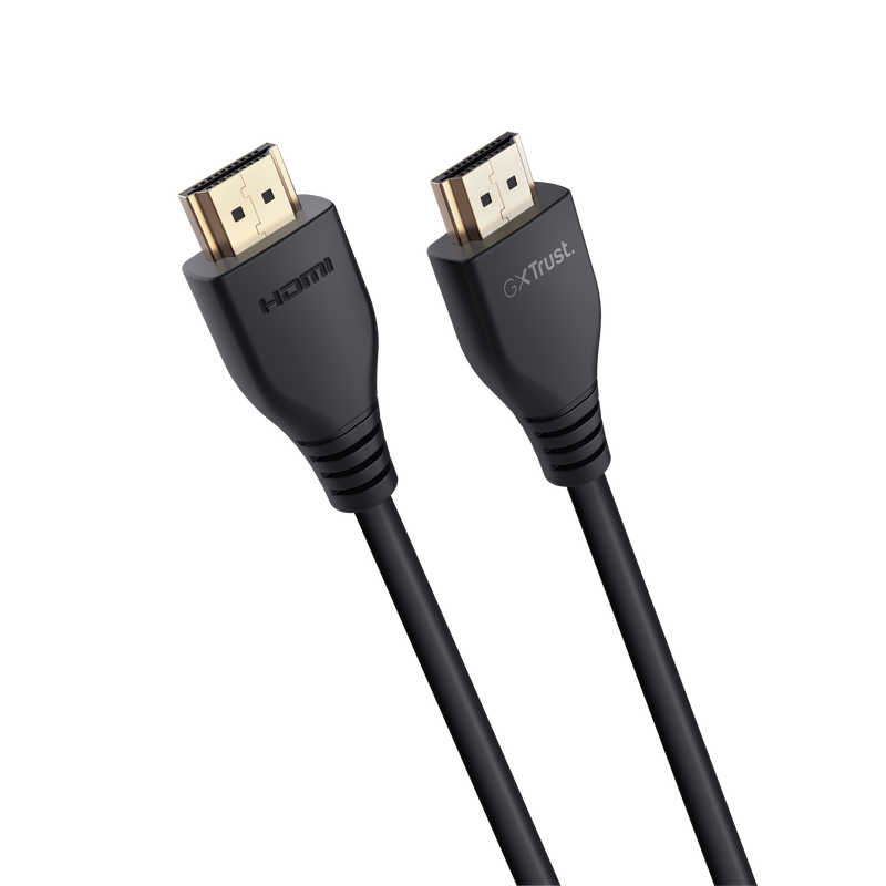 Két fekete HDMI-kábel arany csatlakozókkal fekete háttér előtt.