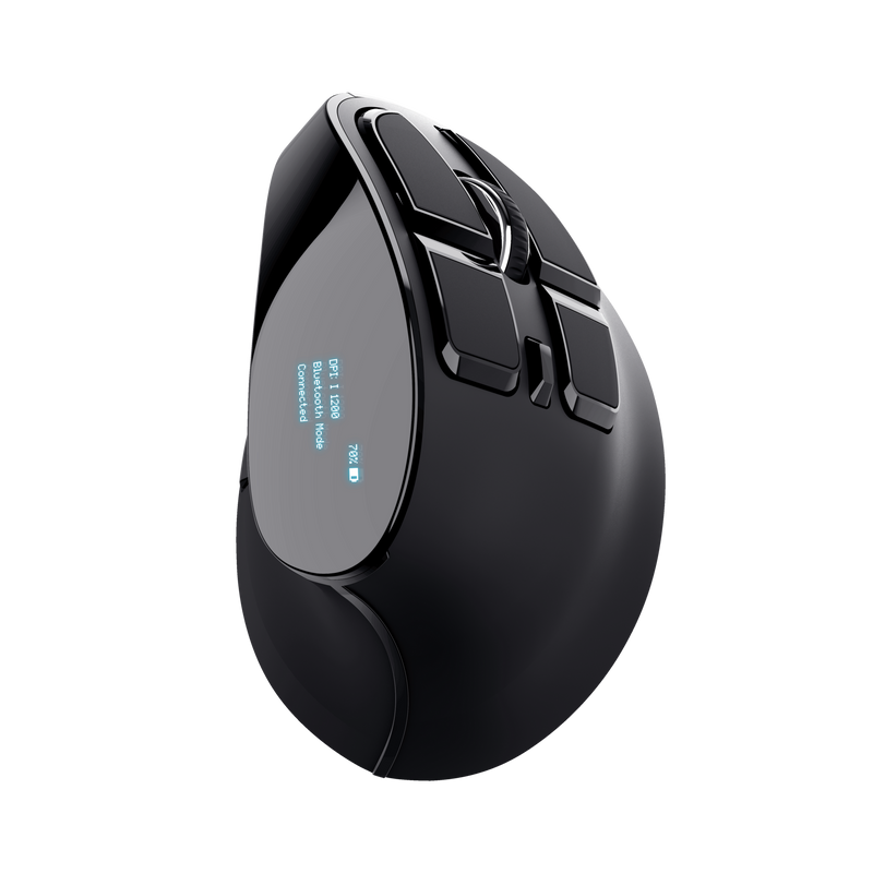 Fekete gamer egér több gombbal és egy kis kijelzővel, ami a Bluetooth módot mutatja.