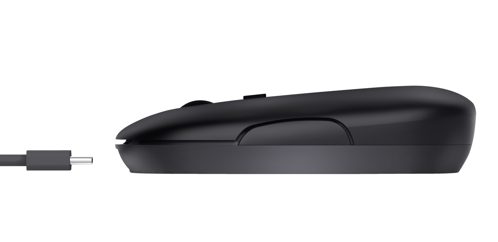 Fekete számítógér egér oldalsó nézete USB-C csatlakozóval, sötét háttéren.