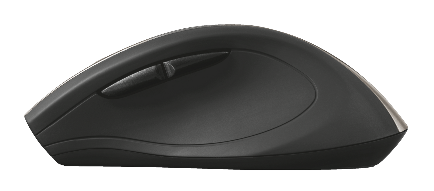 Fekete ergonomikus számítógépes egér. Görgetőkerékkel és ívelt kialakítással.