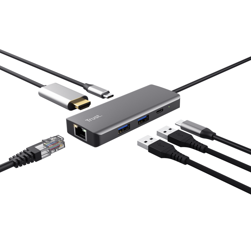 Ezüst hub, több kábellel. USB, HDMI és Ethernet csatlakozók.