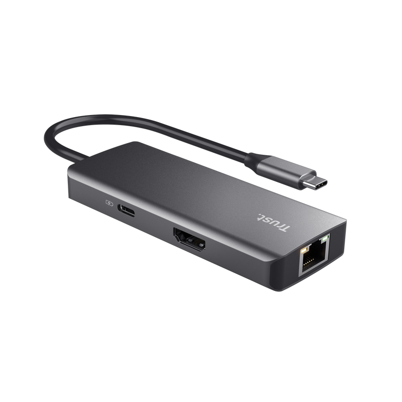 Sötétszürke USB-C hub, több porttal, beleértve a HDMI-t és Ethernet-et.