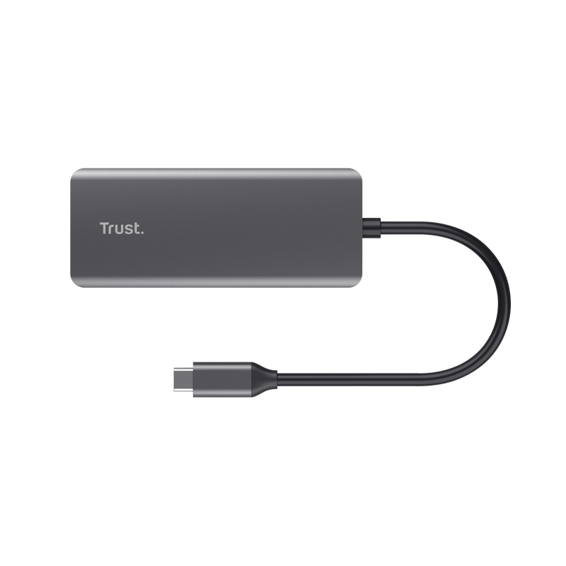 Sötétszürke Trust USB-C hub kábellel. A hub Trust márkájú. Fekete háttér.