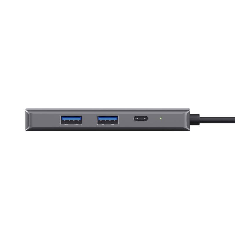 Szürke USB hub, három USB porttal, egy USB-C porttal és egy jelzőfénnyel.