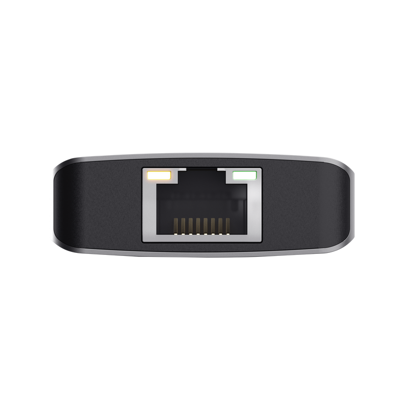 Egy fekete Ethernet port közelképe két jelzőfénnyel.