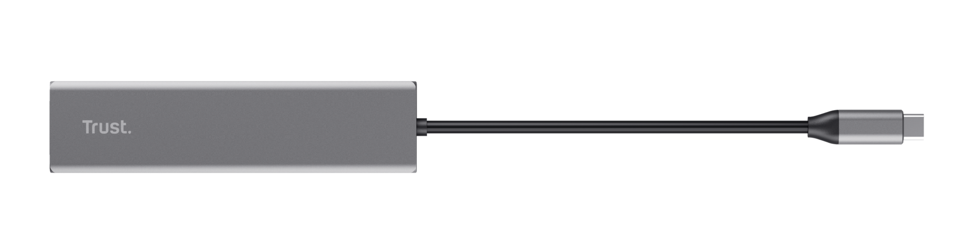 Egy szürke Trust. USB-C adapter fekete kábellel, fekete háttérrel.