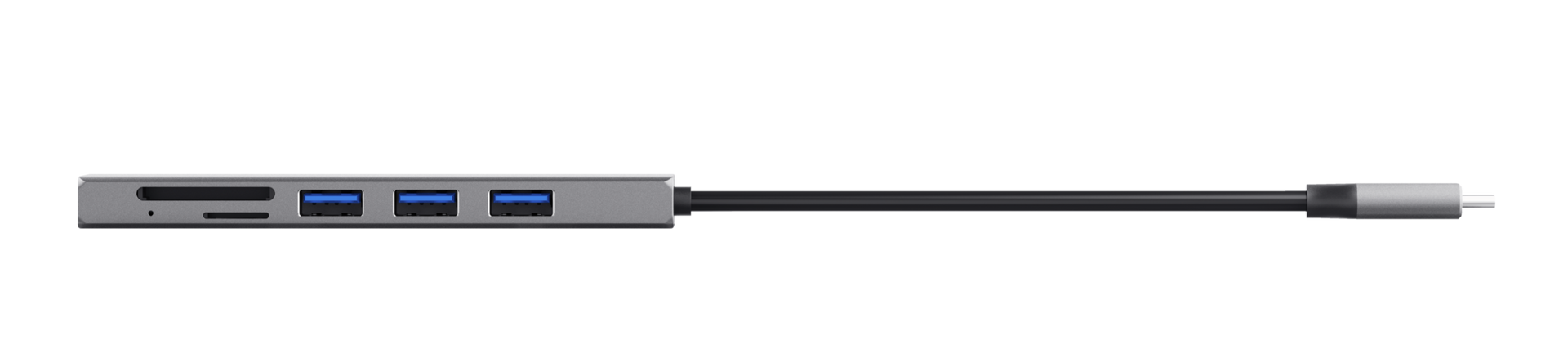 USB-C hub több porttal. SD kártya nyílás, USB 3.0 portok és USB-C csatlakozó. Fekete háttér.