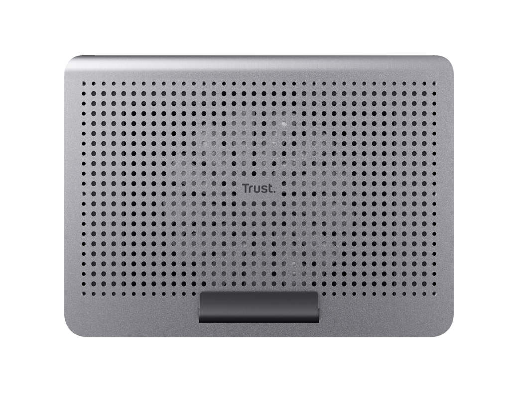 Egy szürke Trust laptop állvány perforált felülettel és egy kis tartóval.