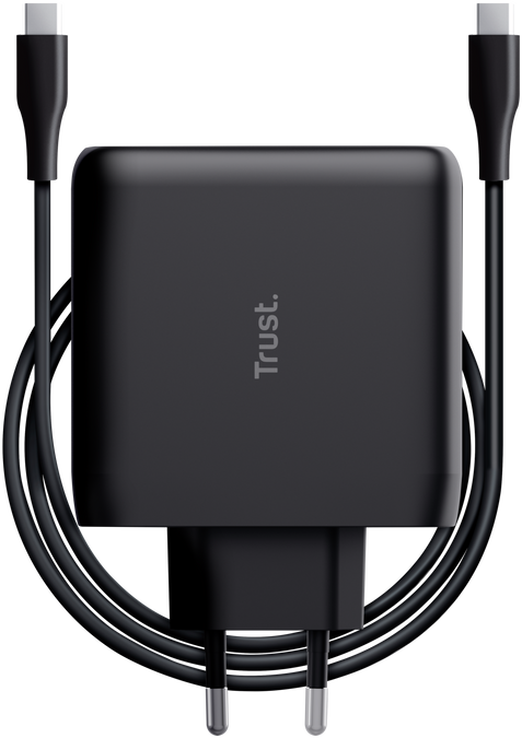 Fekete Trust töltő töltőkábellel, két USB-C csatlakozóval.