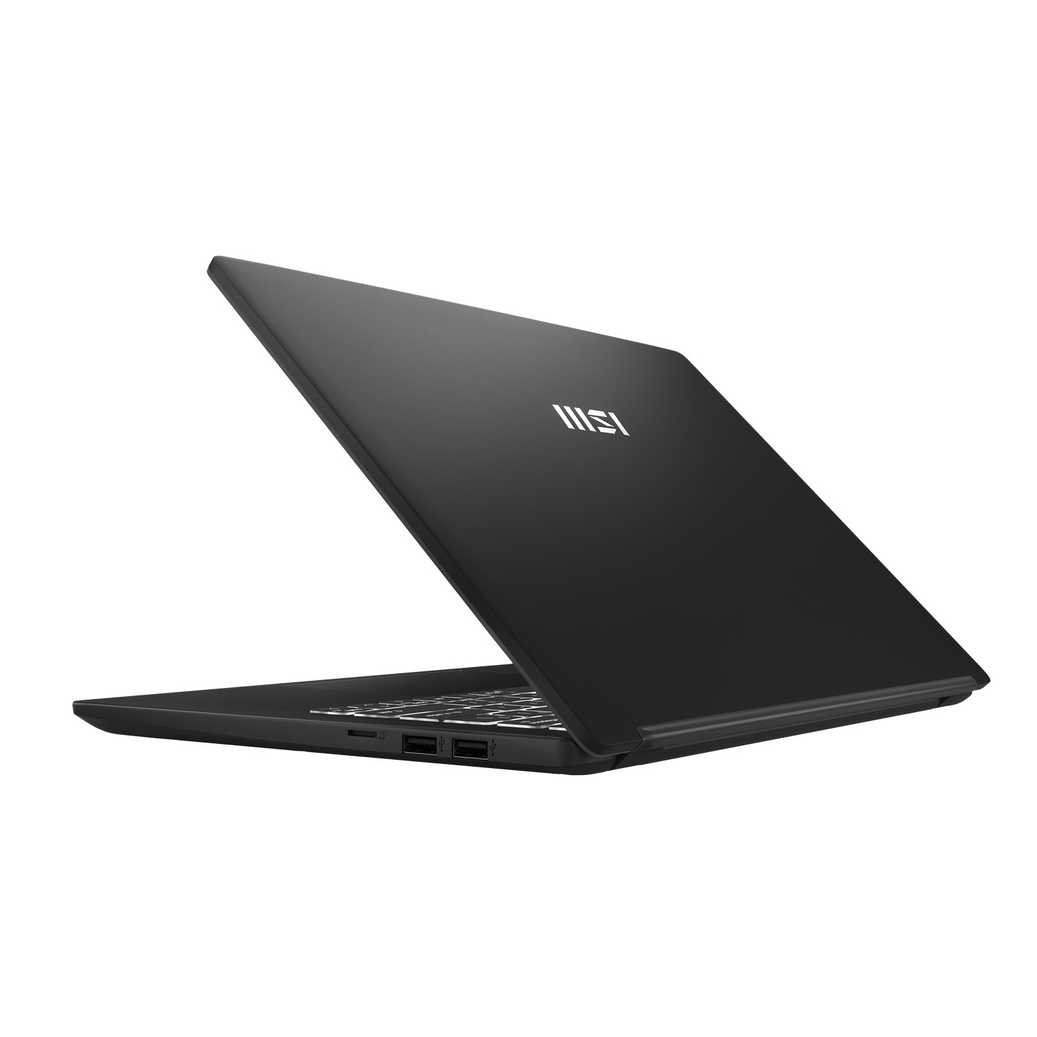 Un ordinateur portable noir est ouvert sur fond blanc. L'écran est relevé, affichant le clavier et les ports. Le logo MSI est visible.