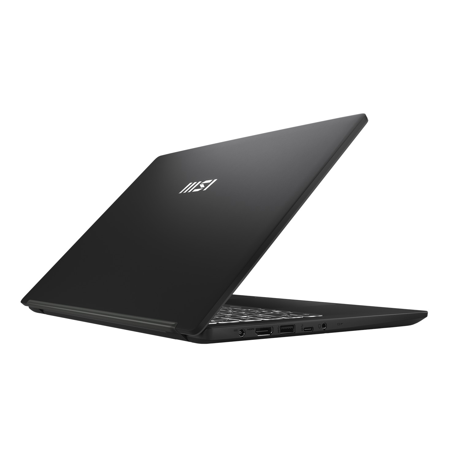 Un ordinateur portable noir est ouvert sur un fond blanc. L'écran est relevé, affichant le logo. Les ports sont visibles.