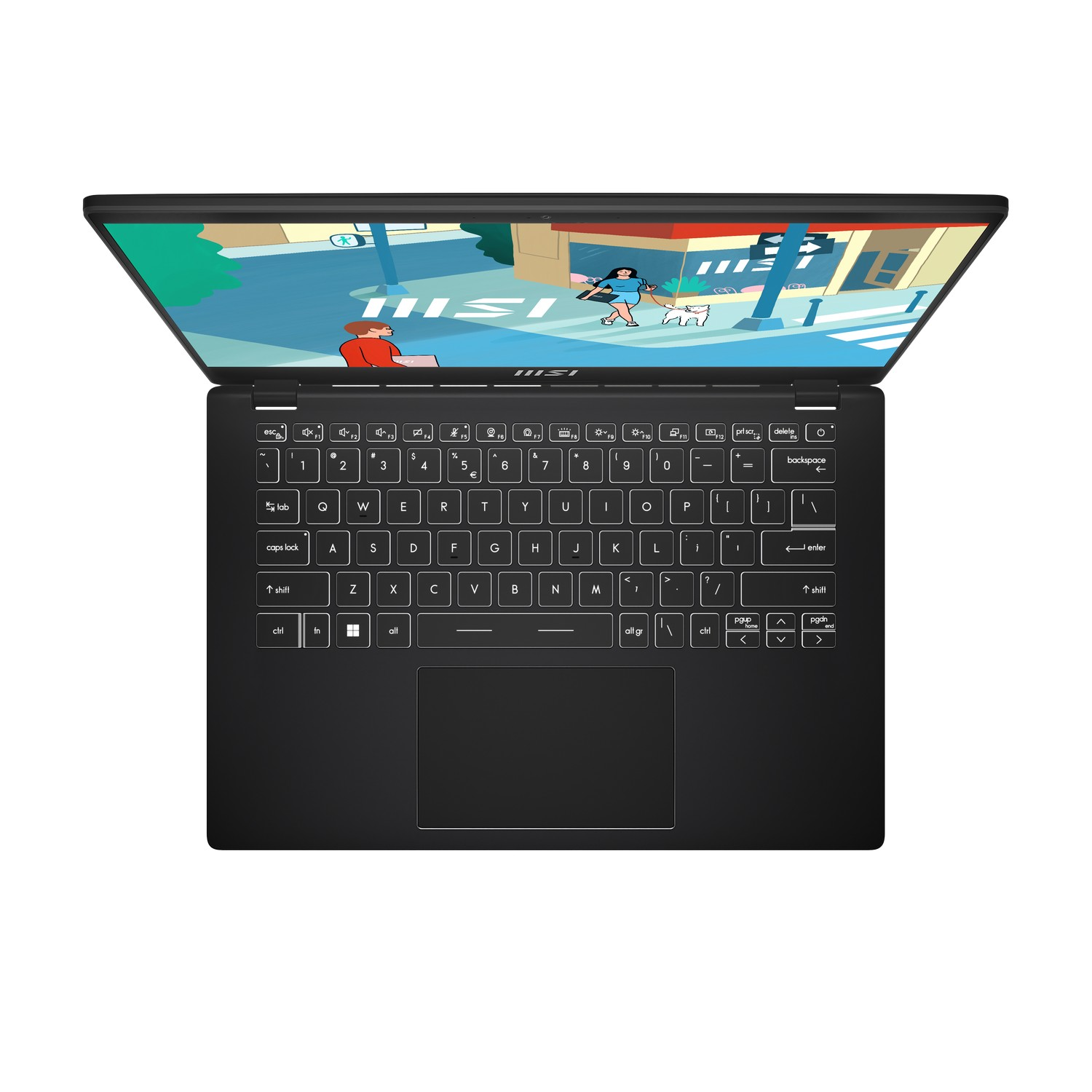 Un ordinateur portable noir est ouvert, affichant une scène de dessin animé de personnes et de bâtiments. Le clavier est visible.