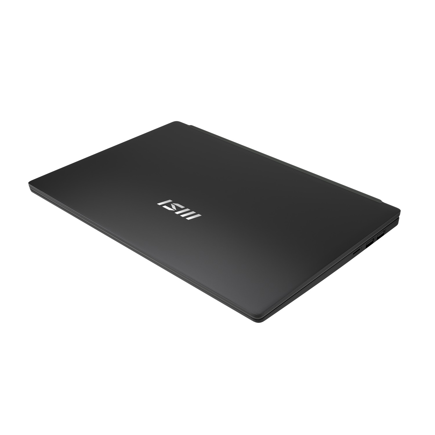 Un ordinateur portable noir fermé sur fond blanc. Le logo MSI est visible. L'ordinateur est légèrement incliné.