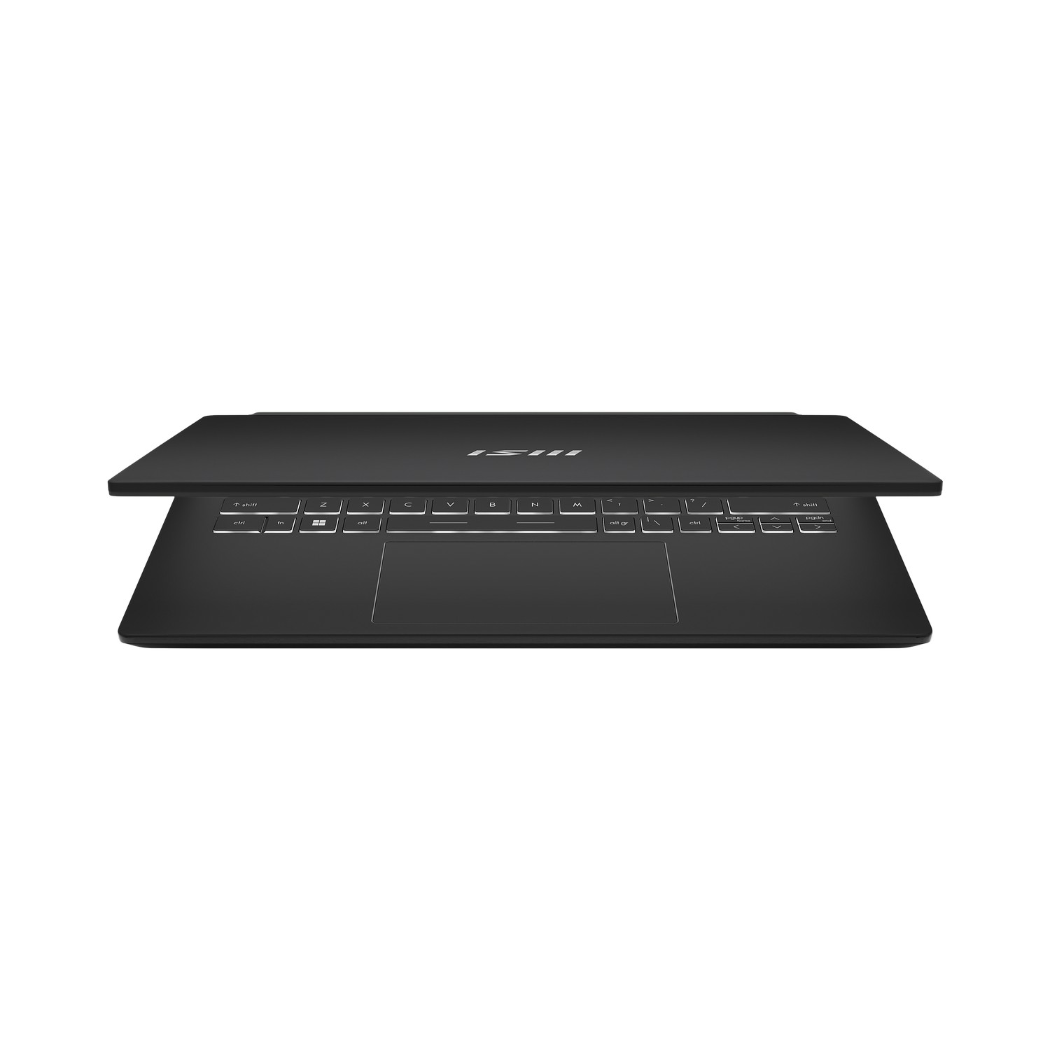 Un ordinateur portable noir est légèrement ouvert, montrant le clavier. Le fond est blanc uni.