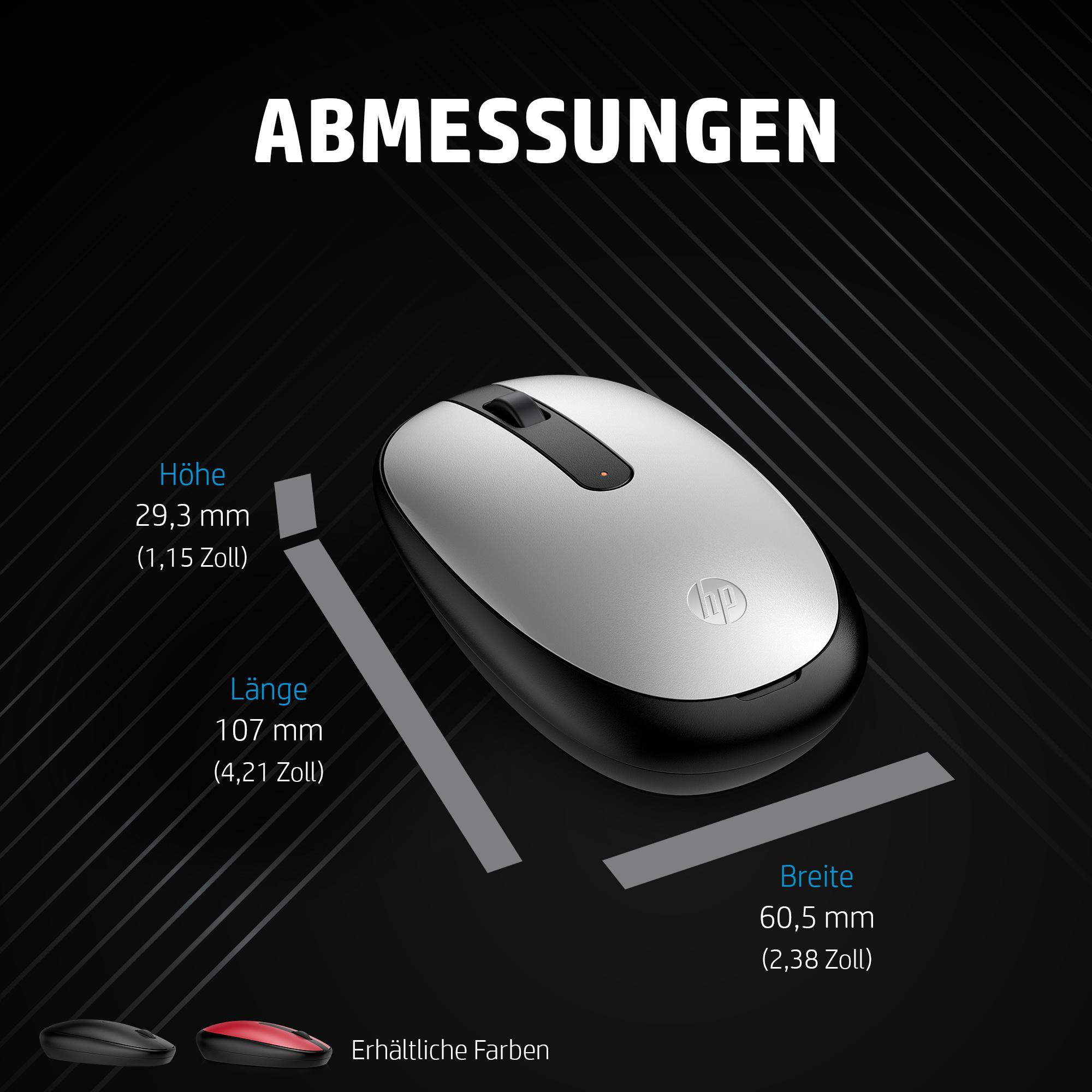 Eine silber-schwarze HP-Maus mit Abmessungen und verfügbaren Farben auf schwarzem Hintergrund.