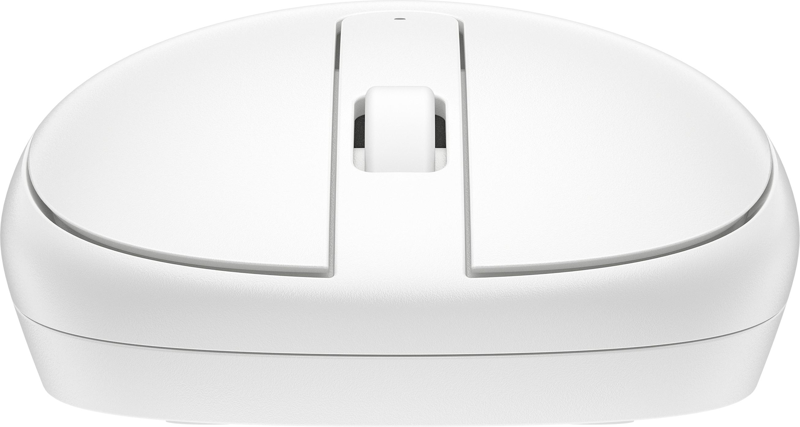 Eine weiße, abgerundete Computermaus. Sie hat ein Scrollrad und zwei Tasten. Das Design ist schlicht und modern.