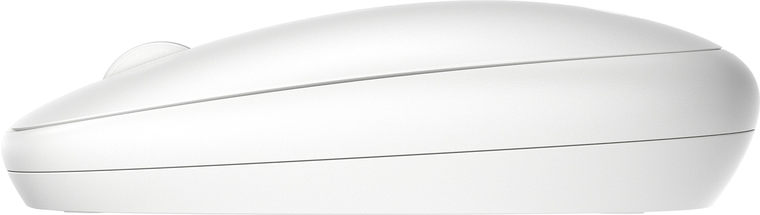 Seitenansicht einer weißen Computermaus. Sie hat ein geschwungenes Design mit einem Scrollrad und Tasten.