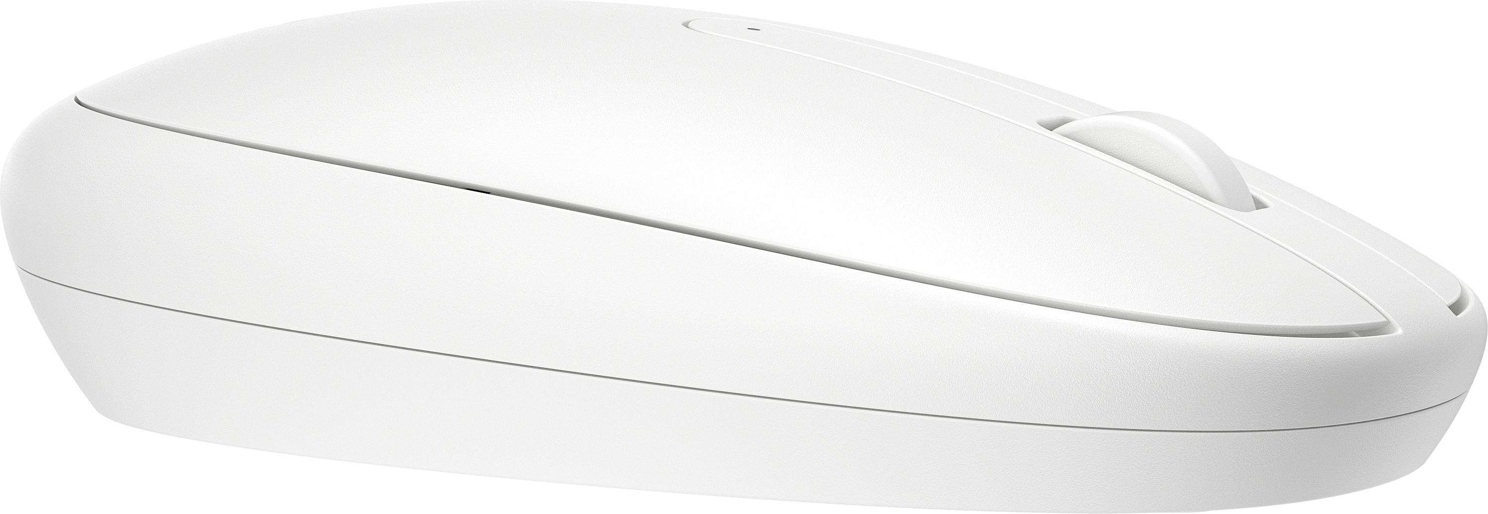 Eine weiße drahtlose Computermaus. Sie hat ein Scrollrad und zwei Tasten. Das Design ist ergonomisch und elegant.