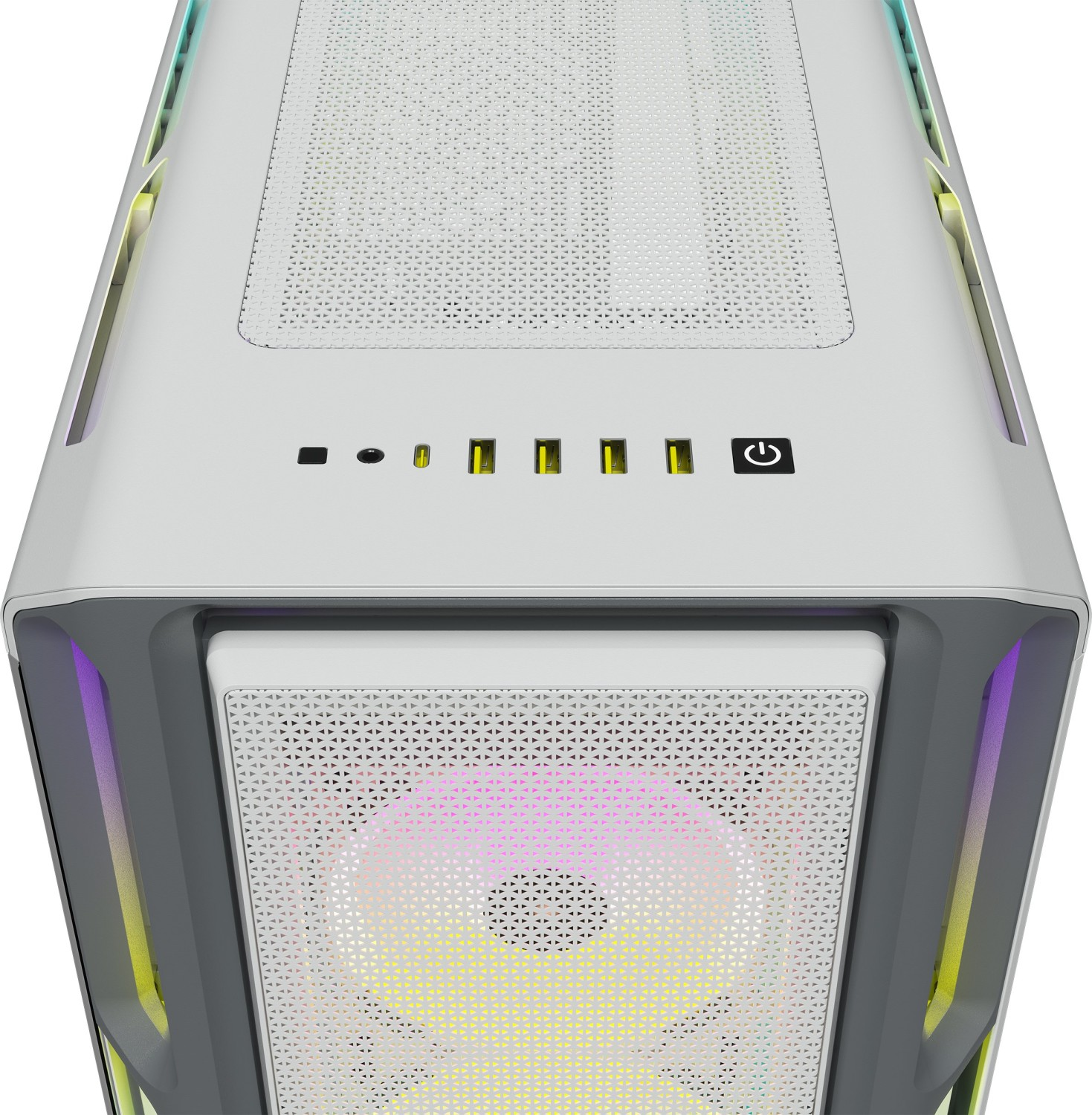 Draufsicht auf ein weißes Computergehäuse mit Lüfter und Anschlüssen.