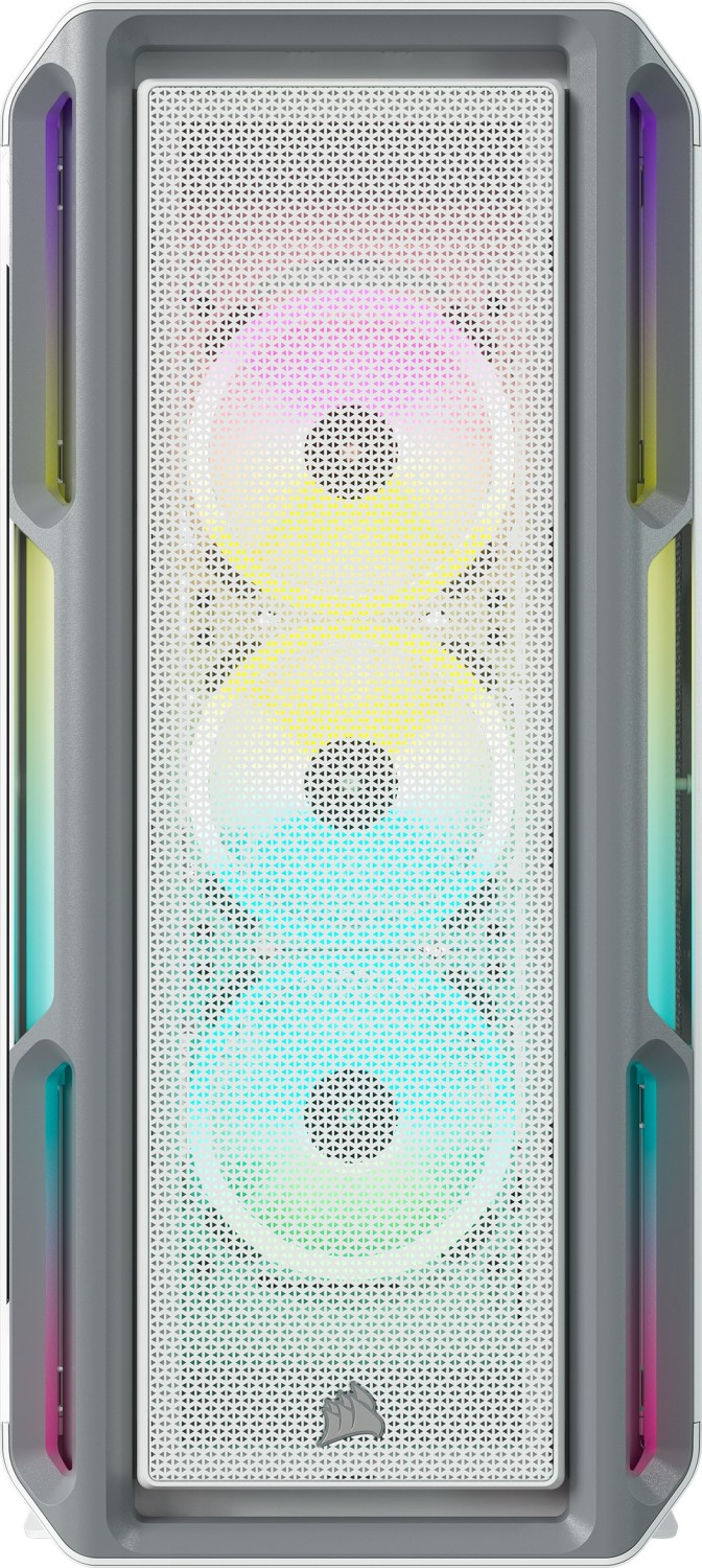 Computergehäuse mit beleuchteten Lüftern und Mesh-Frontplatte.