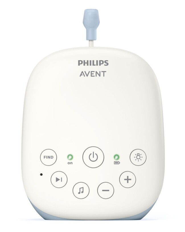 Fehér bébimonitor gombokkal és kis antennával. A Philips Avent logó látható.