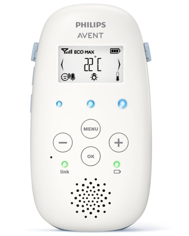 Egy fehér Philips Avent bébimonitor gombokkal és számokat mutató képernyővel.