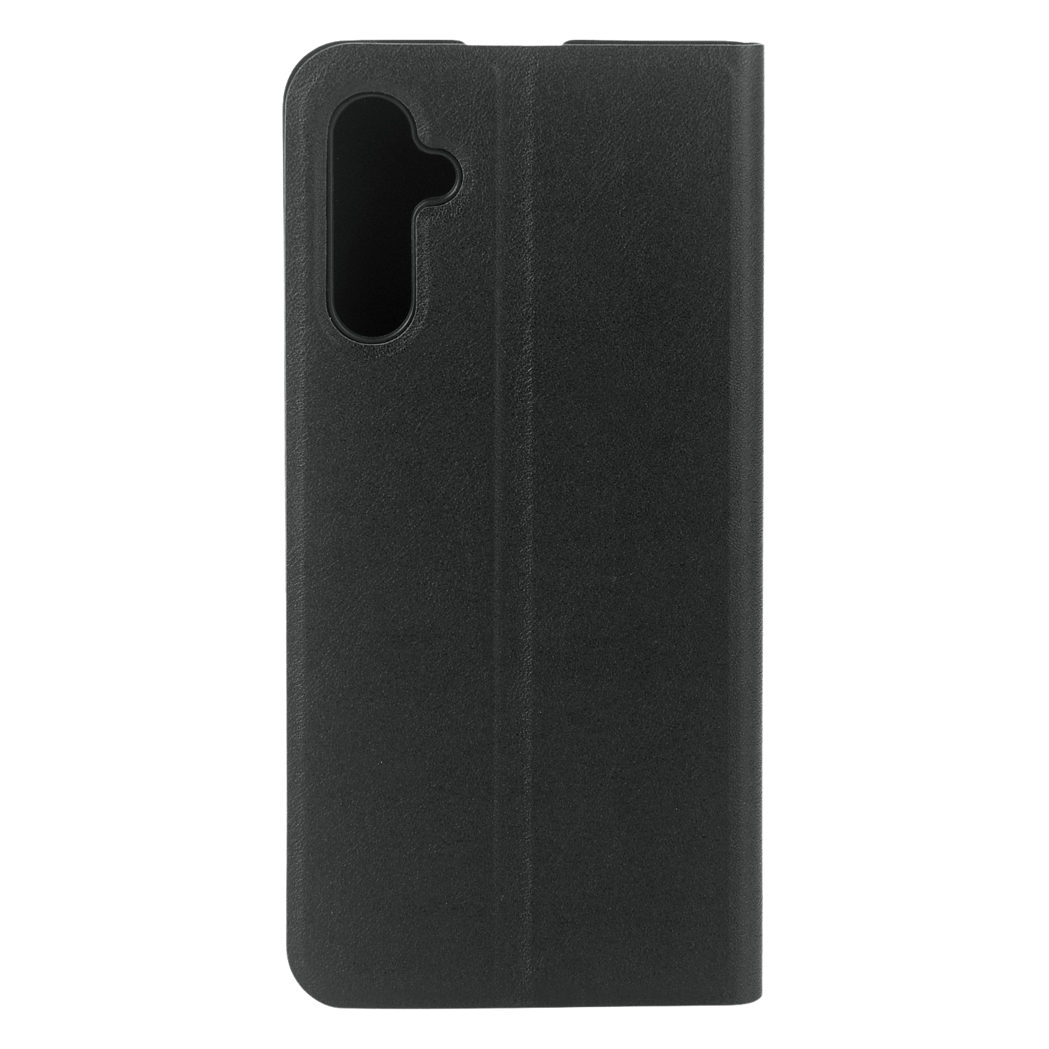 Un étui de téléphone noir, fermé, avec un trou pour la caméra.