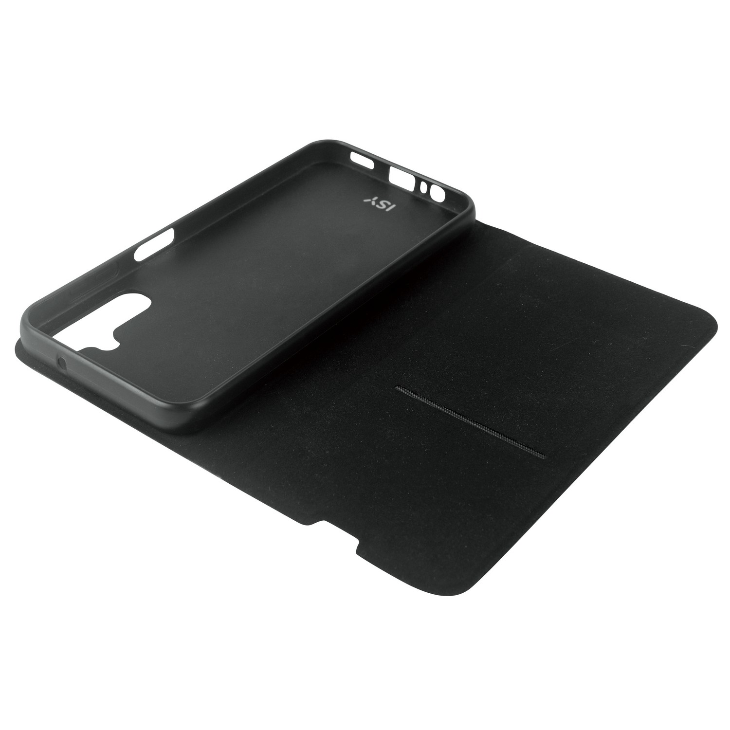 Coque de téléphone noire avec un rabat ouvert, montrant l'intérieur et la forme du téléphone.